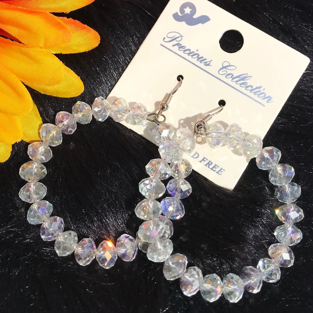 Boho Earrings Drop Crystal Bling Silvertone Hoops